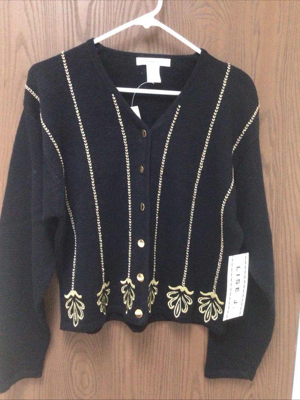 NWT Lise J. black cardigan with gold trim festive, rope embroidered, sz L